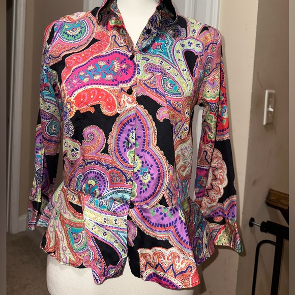 Lauren by Ralph Lauren vibrant paisley button up blouse - Picture 1 of 12